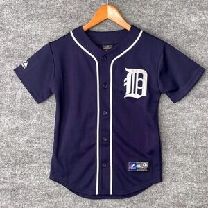 Majestic Detroit Tigers MLB Baseball Jersey Navy Blue Youth Small 8 Button Up